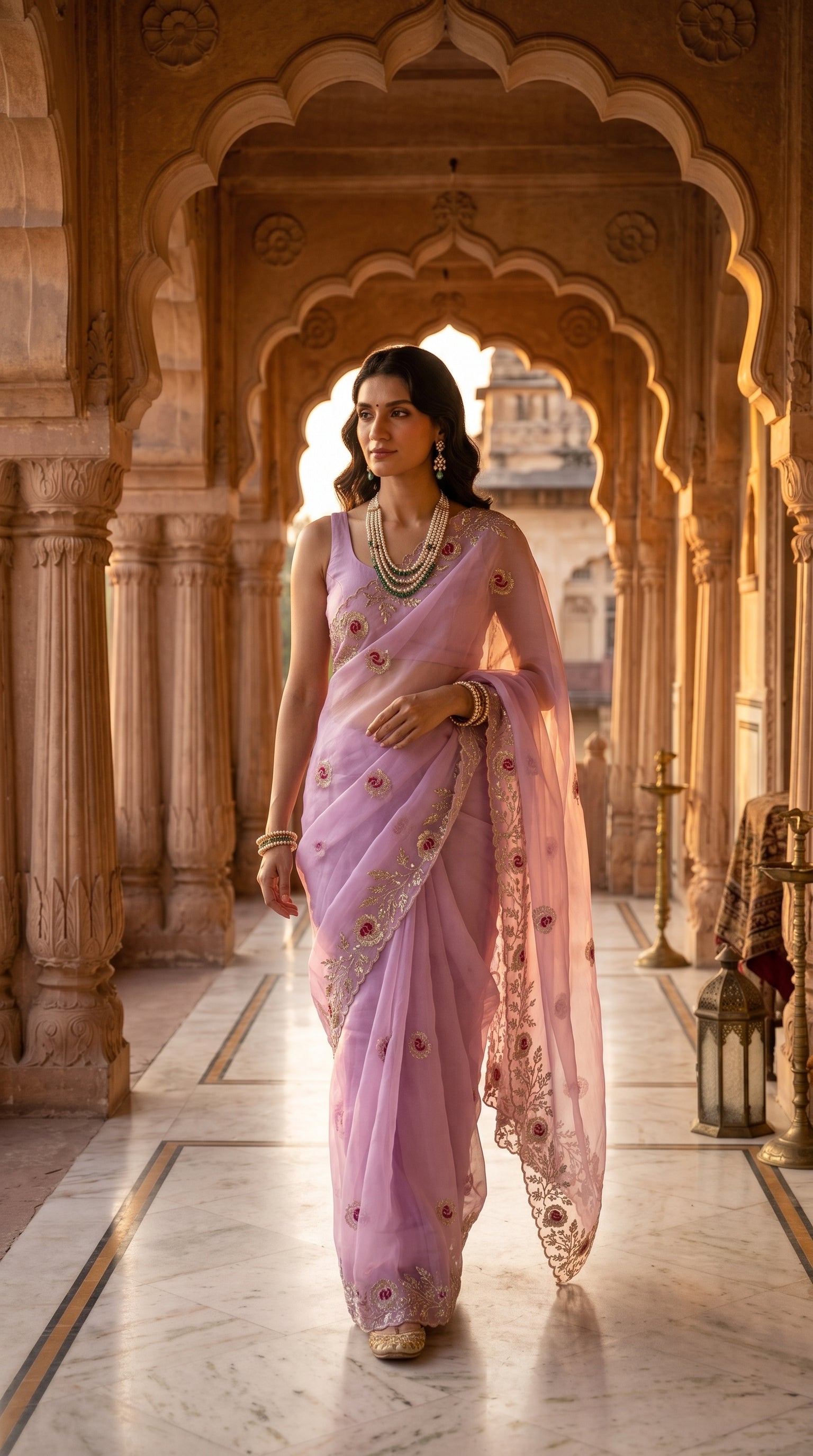 Full-length image of a smiling woman walking down a majestic, sun-drenched palace corridor, highlighting the fluid movement, semi-translucent sheen, and silver-gold embroidery of her lilac saree