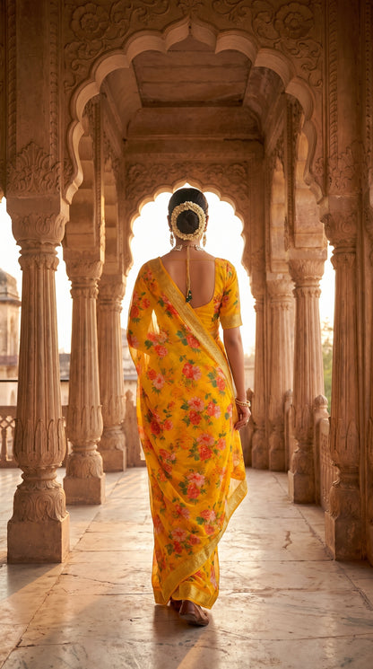 A back view of a woman with a neat gajra bun walking down a majestic sunlit palace corridor lined with pillars, showcasing the low-cut backline of her matching blouse and the trailing floral print of her yellow chinon pallu