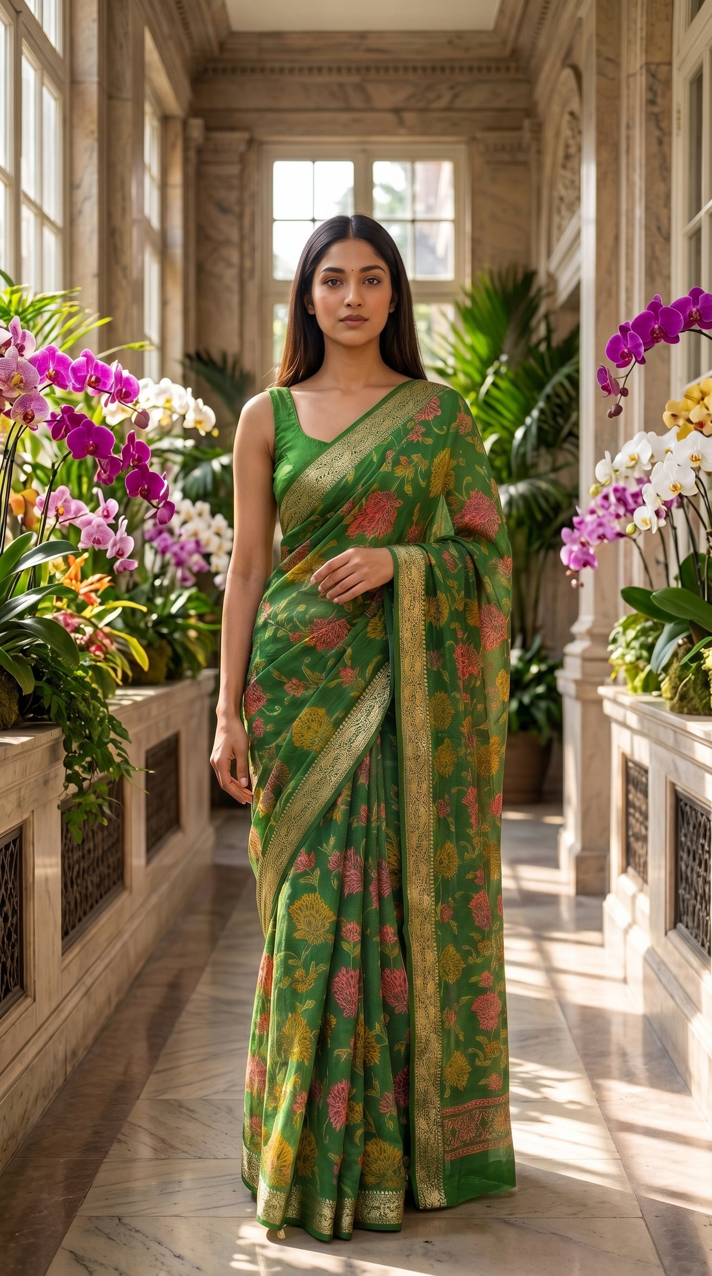 Full-length image of a woman standing in a palace corridor lined with vibrant purple and white orchids, showcasing the semi-translucent quality and straight silhouette of a mehndi green chinon saree