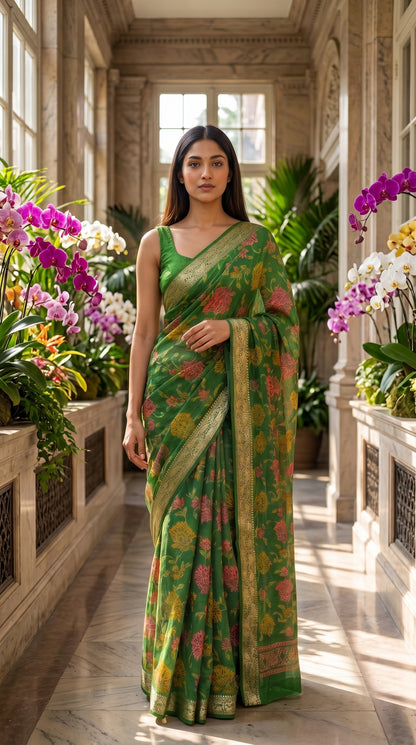 Full-length image of a woman standing in a palace corridor lined with vibrant purple and white orchids, showcasing the semi-translucent quality and straight silhouette of a mehndi green chinon saree