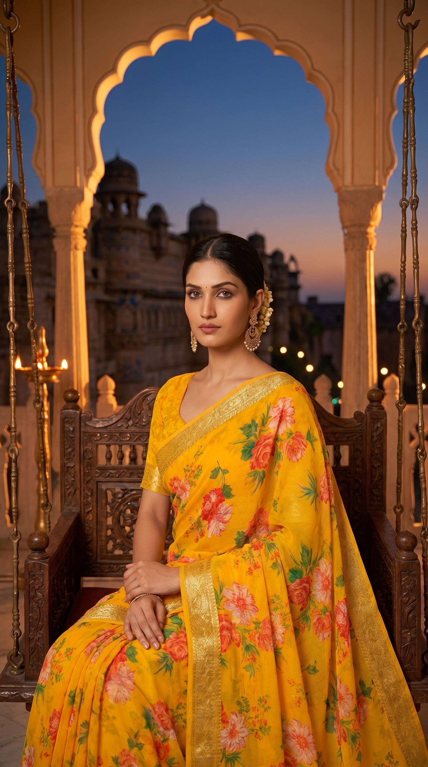 A portrait of a woman seated on a carved wooden swing under a palace pavilion at twilight with a historic fort silhouette in the distance, beautifully highlighting the gold-woven zari borders of her yellow floral saree