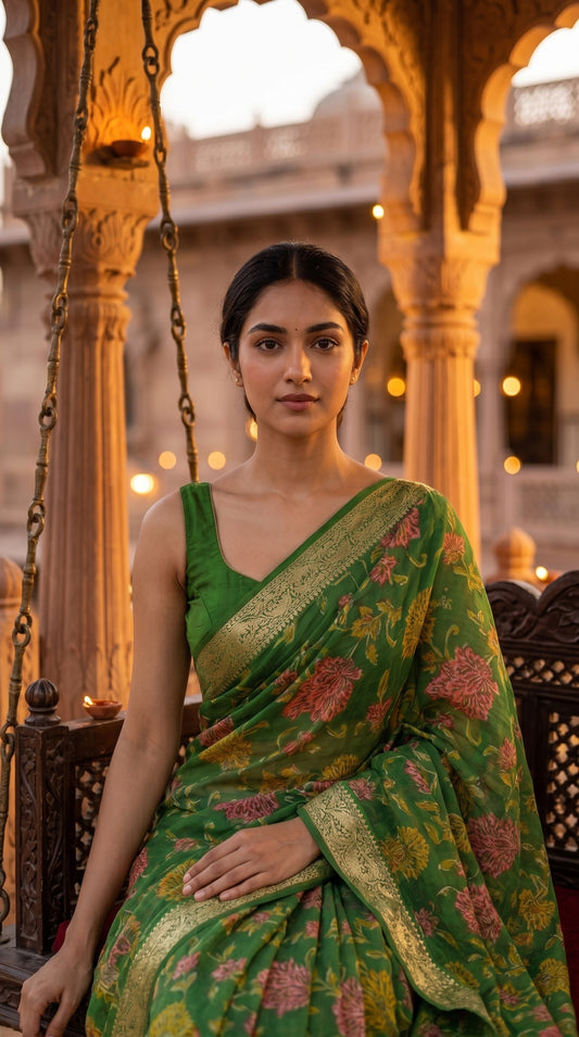A model looking forward while seated on an ornate dark wood swing in a palace pavilion at twilight, beautifully displaying the gleaming gold jacquard border and soft texture of her green saree