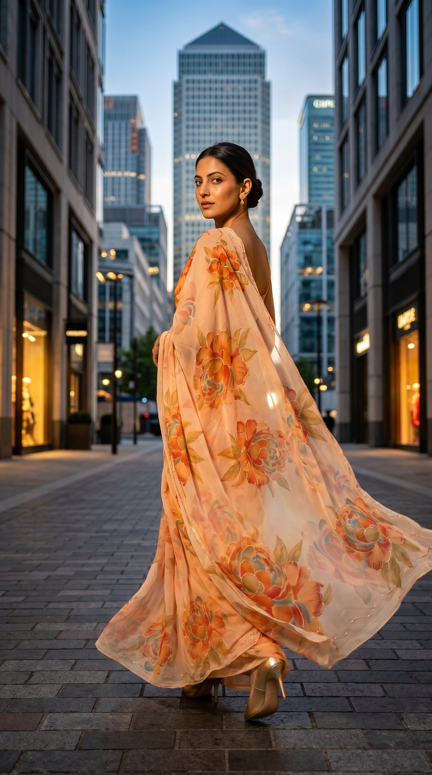 An over-the-shoulder look of a model walking down a modern city street, displaying the fluid drape and scalloped cut work border of a peach floral chiffon saree