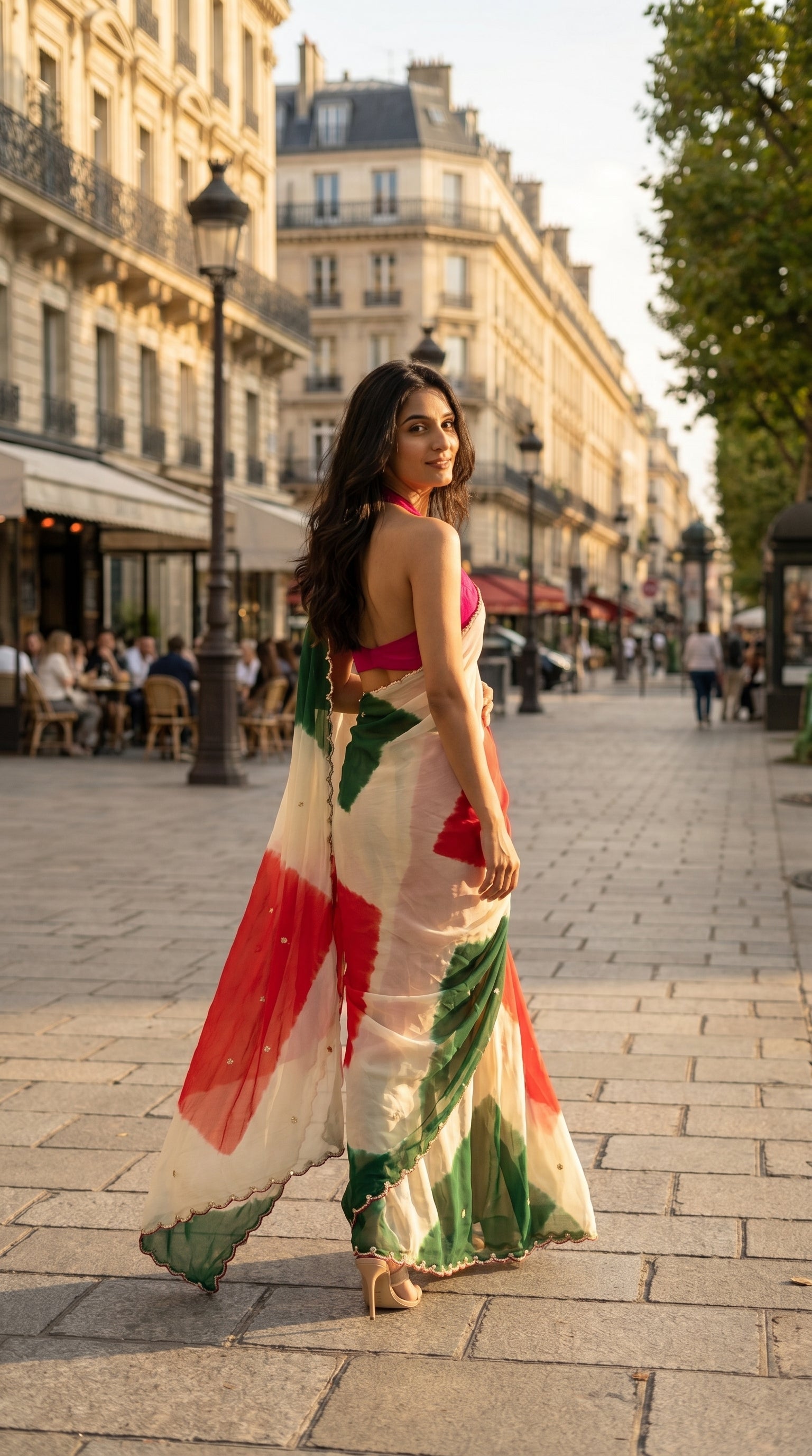 A woman wearing an ivory chiffon saree with red and green tie-dye blocks looking over her shoulder on a historic European street