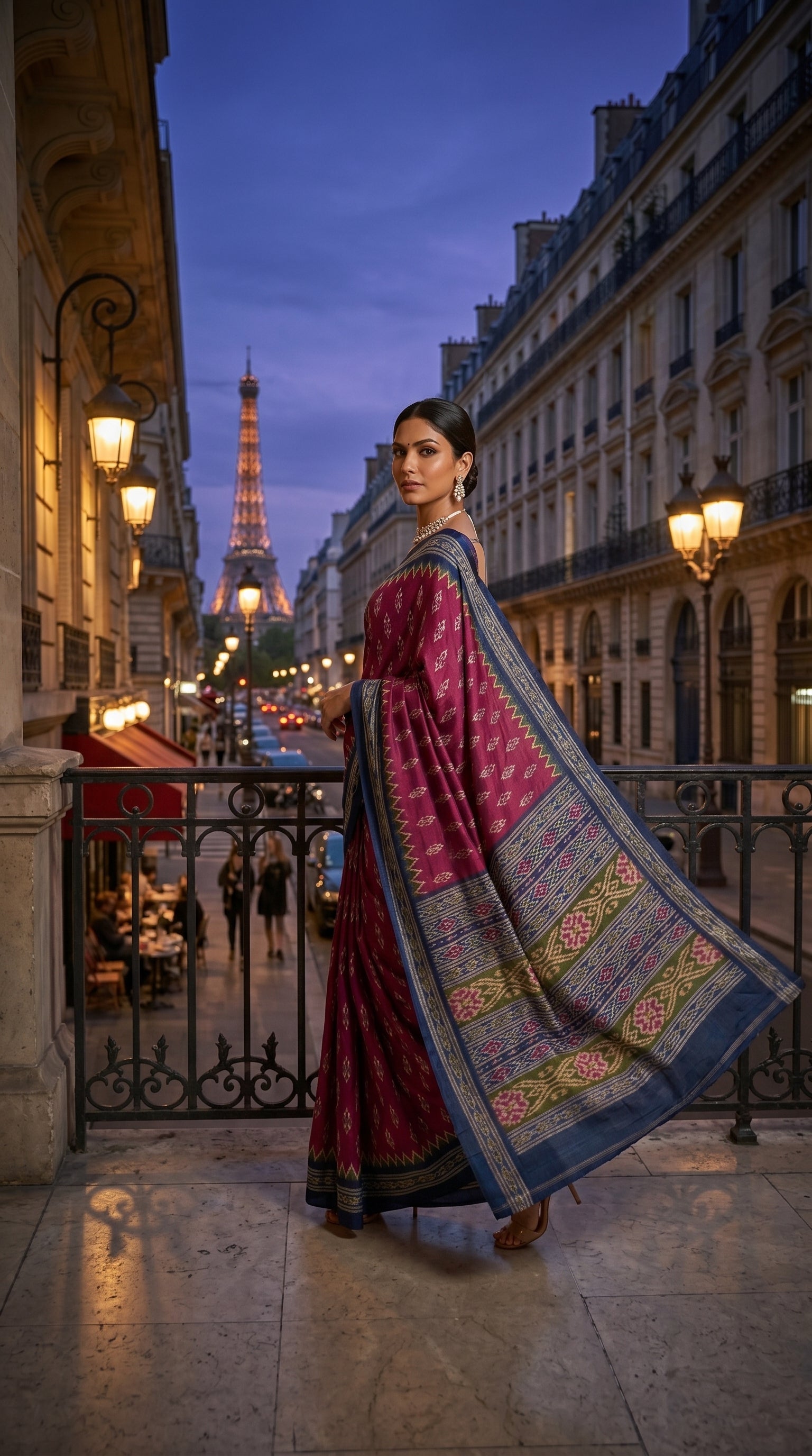 A model looking over her shoulder on a historic Parisian balcony with the Eiffel Tower in the background, showcasing the flowing deep blue pallu of a magenta Ikat-print silk saree