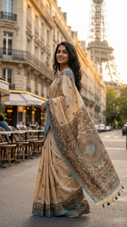 A model looking over her shoulder on a city boulevard with the Eiffel Tower behind her, draped in a beige and blue traditional Madhubani printed Tussar silk saree