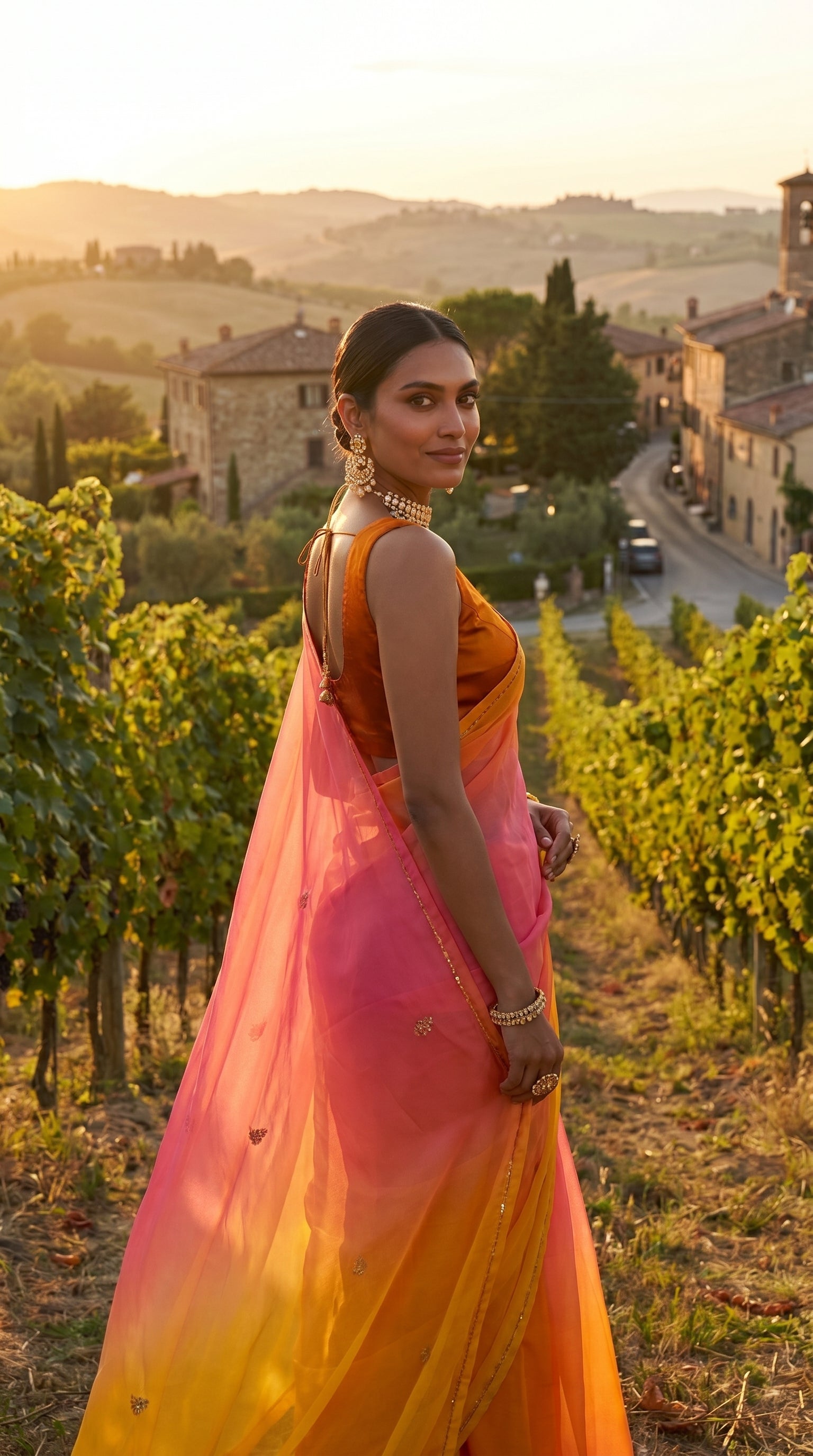 Side profile of a model looking over her shoulder draped in a flowing blushing sunset ombré chiffon saree in a sunlit vineyard