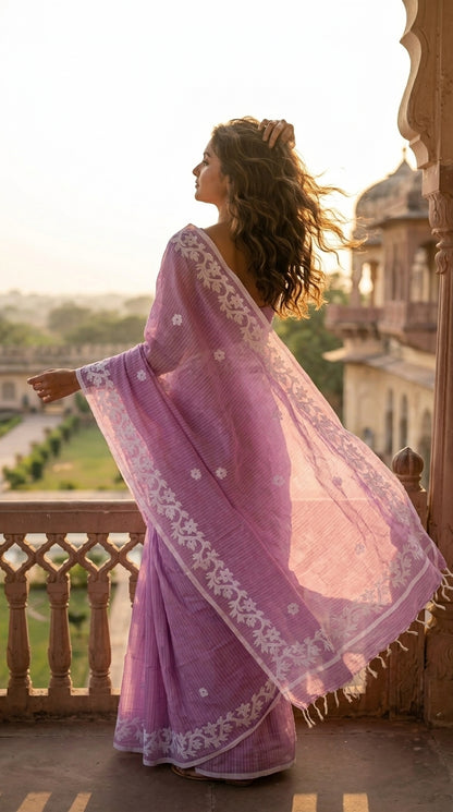 Lilac Cotton Saree with Applique Border