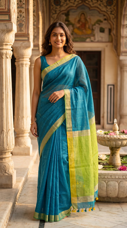 Full-length portrait of a smiling woman standing in a majestic palace corridor with an ornate water fountain, highlighting the bright gold borders of a peacock blue linen saree
