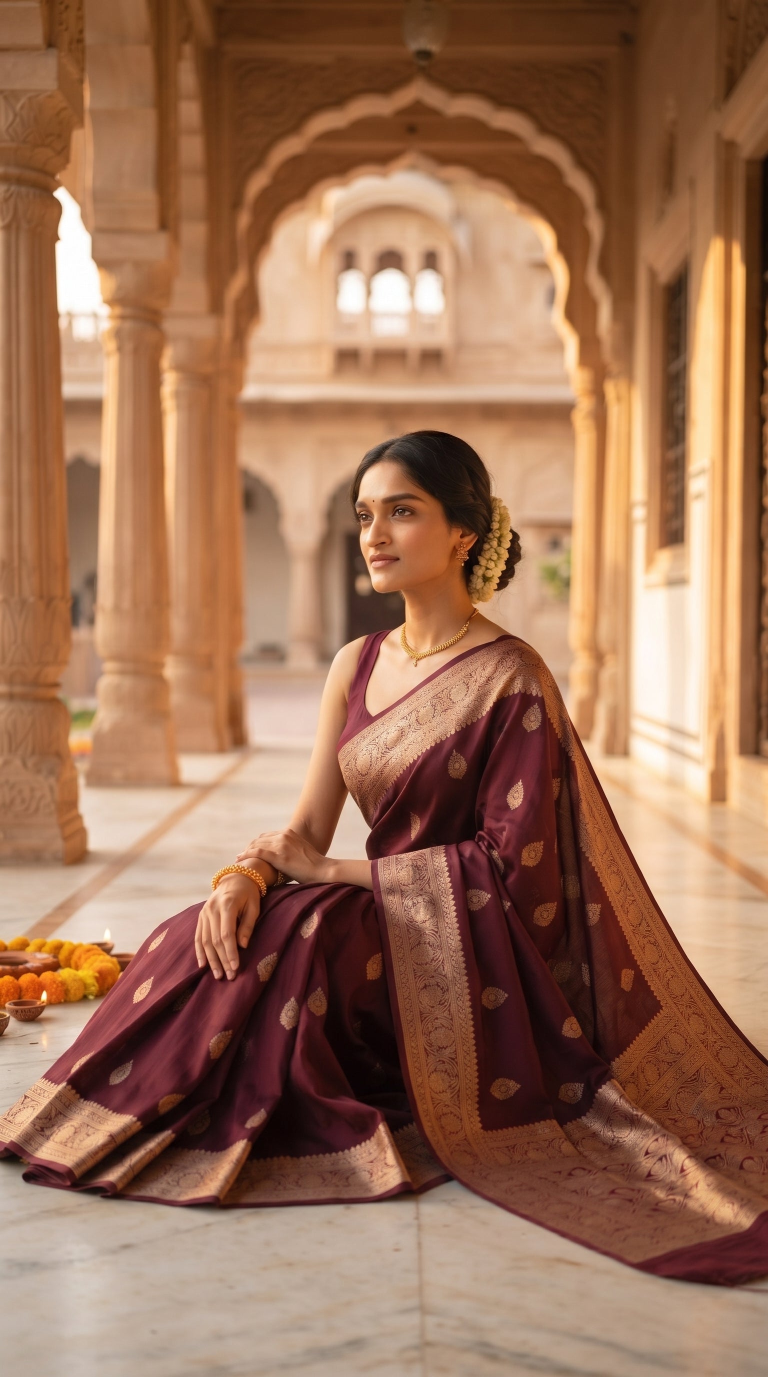 A portrait of a woman with a fresh gajra in her hair sitting gracefully on the floor of a sunlit sandstone palace corridor, showcasing the detailed gold zari border and soft luster of her maroon silk saree