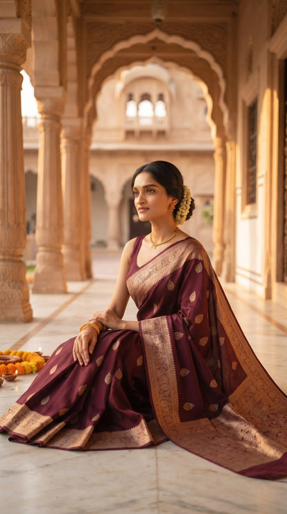 A portrait of a woman with a fresh gajra in her hair sitting gracefully on the floor of a sunlit sandstone palace corridor, showcasing the detailed gold zari border and soft luster of her maroon silk saree