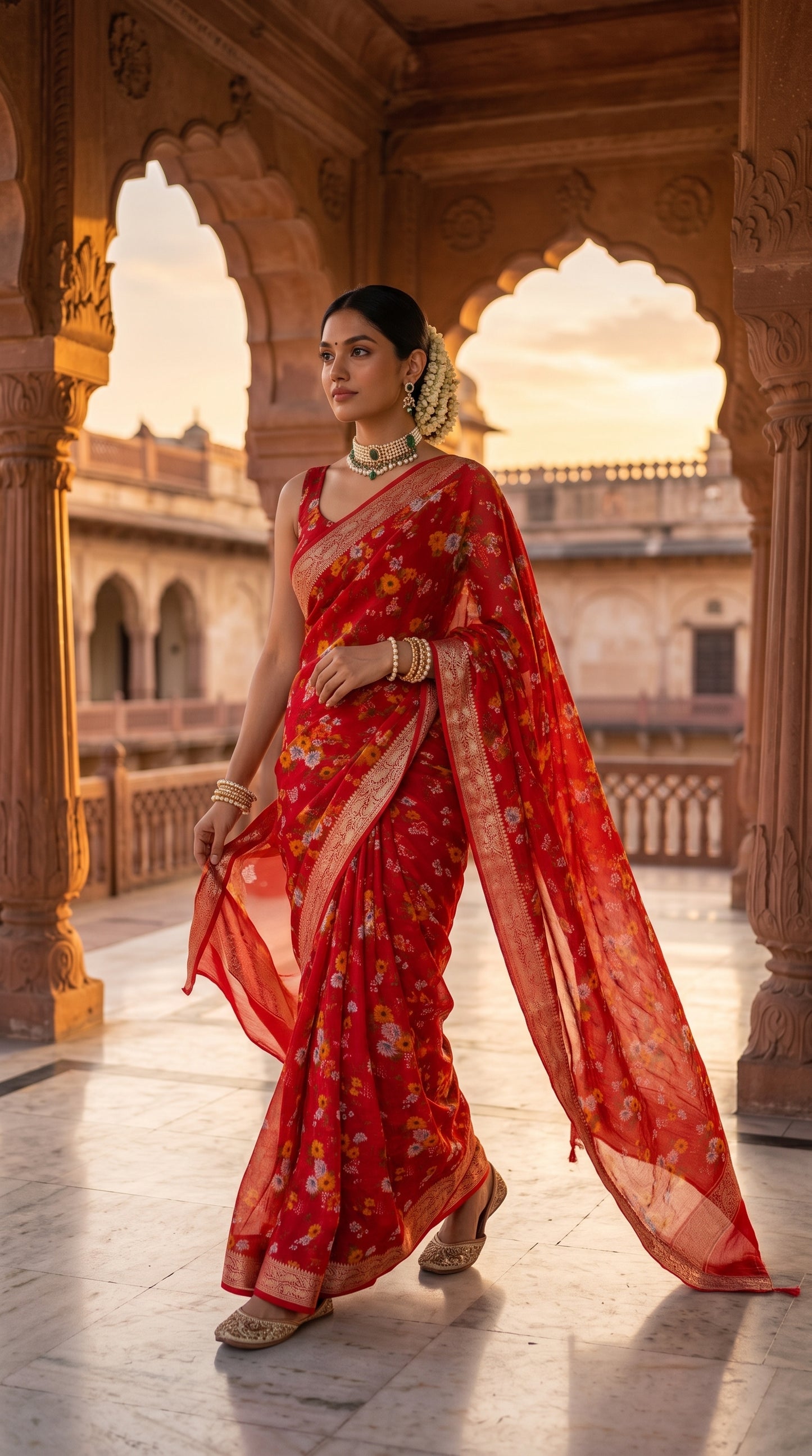 Full-length portrait of a woman adorned with a gajra bun and pearl choker necklace walking down a sunlit palace pavilion, beautifully showcasing the weightless profile and elegant look of her red floral saree