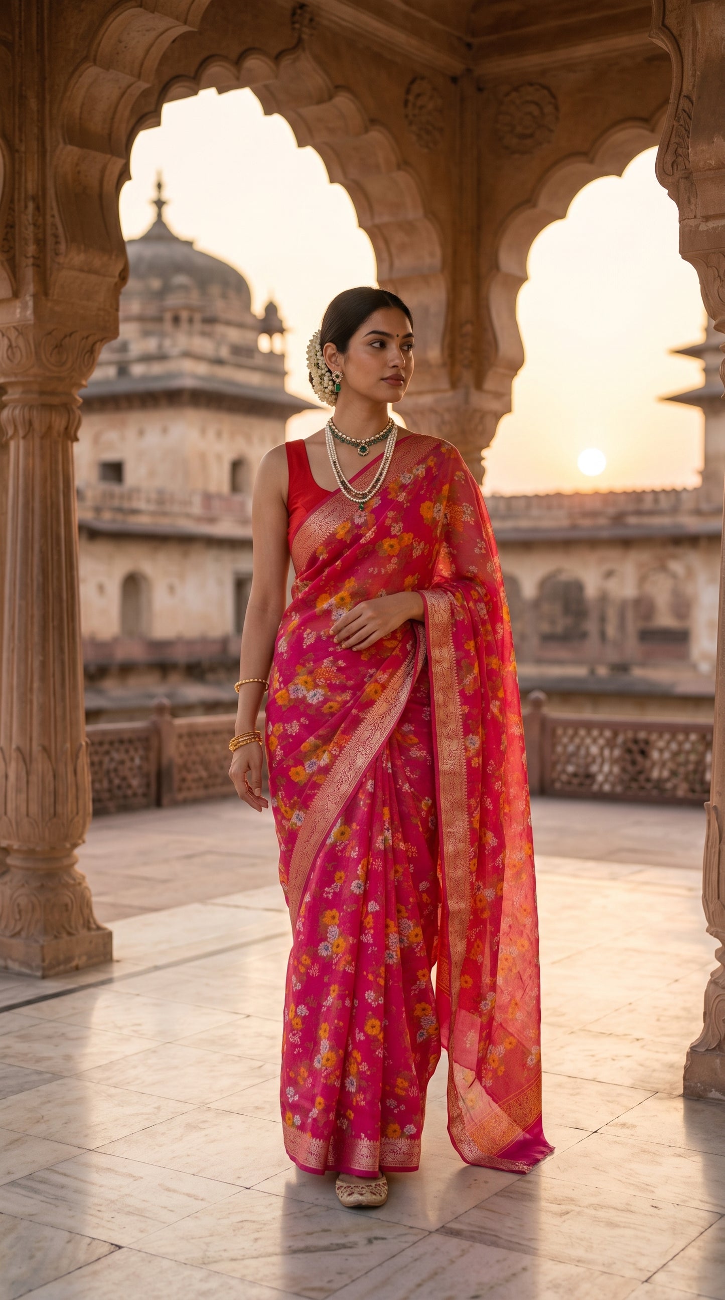 Full-length image of a woman adorned with a statement pearl necklace and a gajra bun walking down a majestic sunlit palace pavilion, beautifully displaying the weightless, breezy profile of her magenta chinon saree