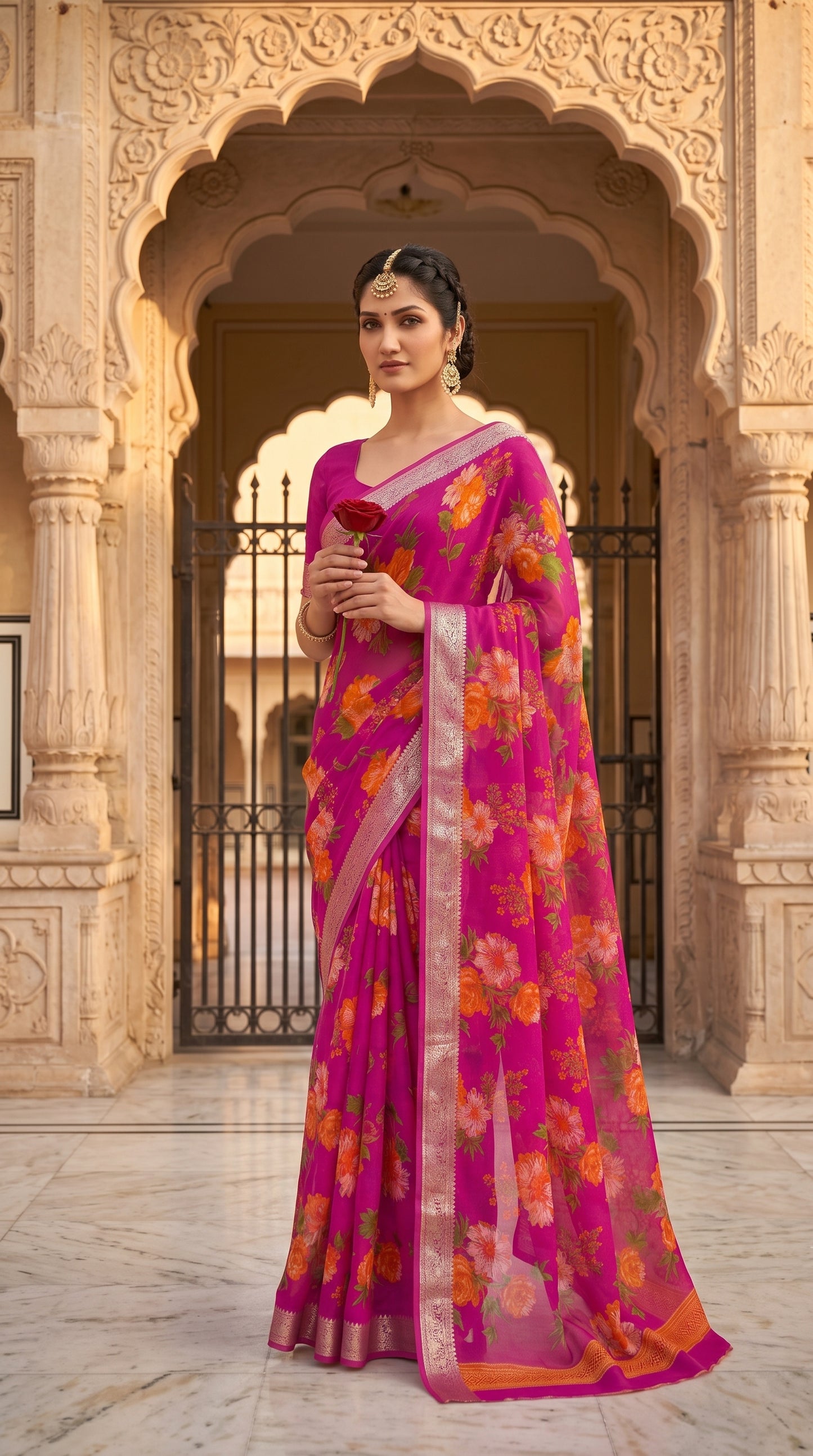 A portrait of a woman holding a single red rose while standing in front of an open iron palace gate framing carved sandstone arches, beautifully displaying the semi-translucent quality of her magenta chinon saree