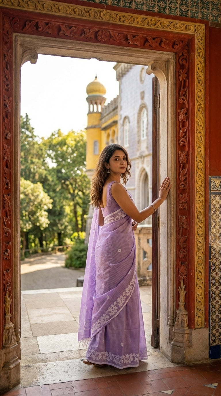 Light Purple Cotton Saree with Applique Border