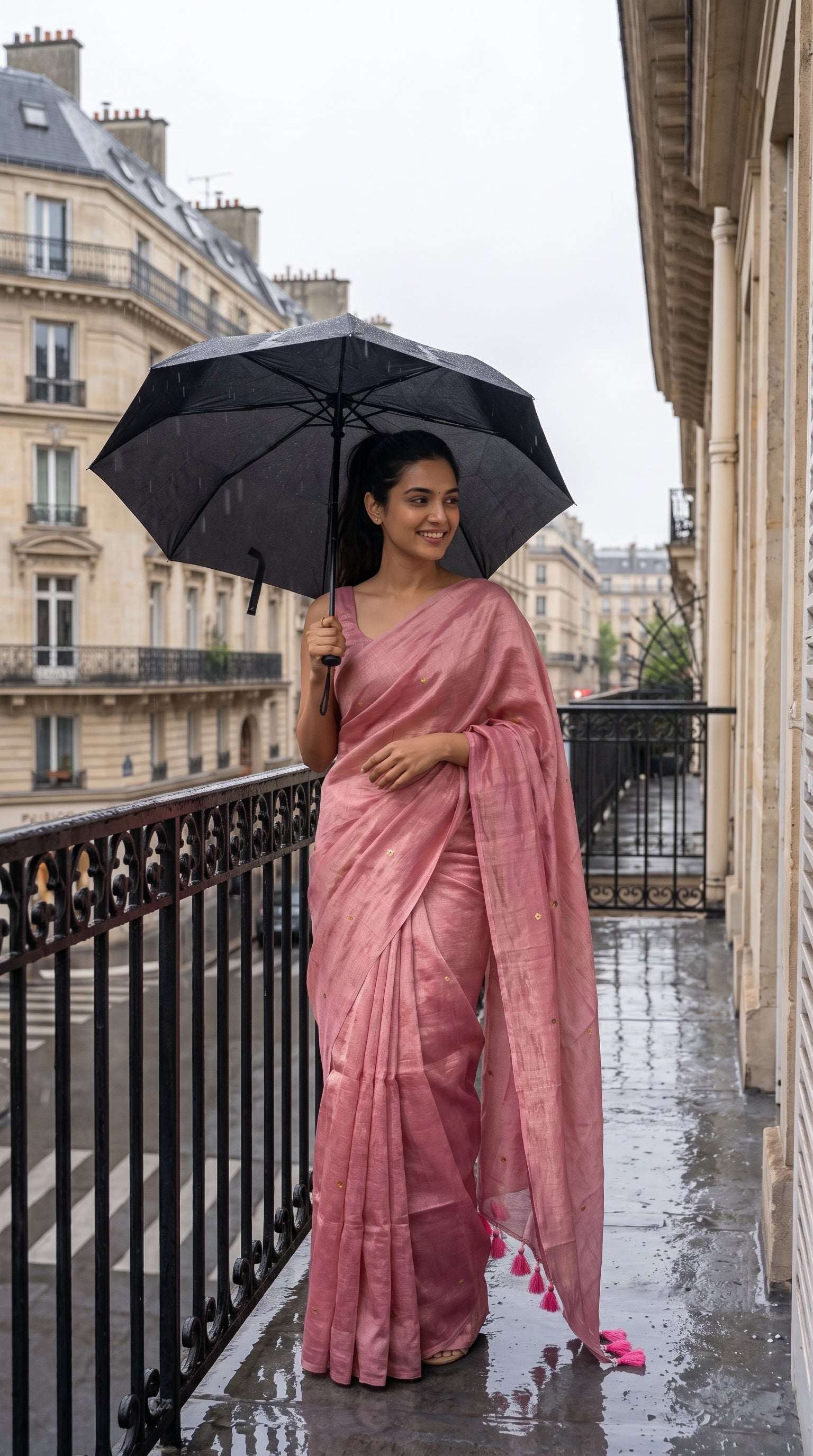 A smiling woman holding a black umbrella on a classic Parisian balcony in the rain, showcasing the lightweight, fluid drape of her rose pink cotton tissue saree