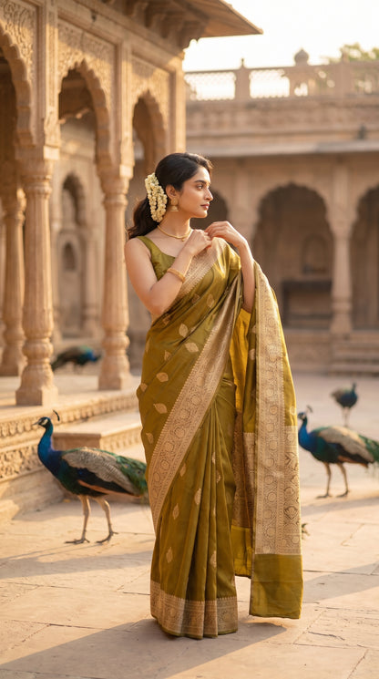 A portrait of a woman with a fresh gajra in her hair standing in a historic palace courtyard with peacocks around her, showcasing the detailed gold zari pallu and soft luster of her olive green silk saree.