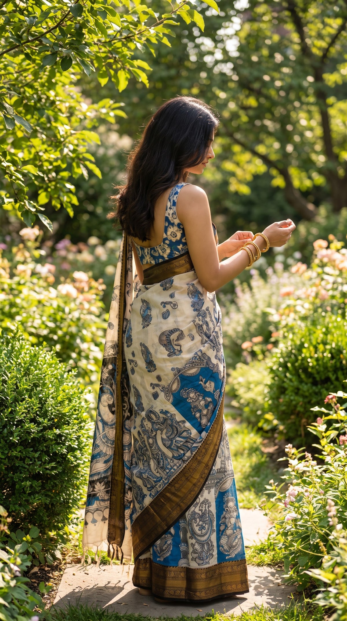 Kanchi Border Kalamkari Silk Saree - Beige with Blue