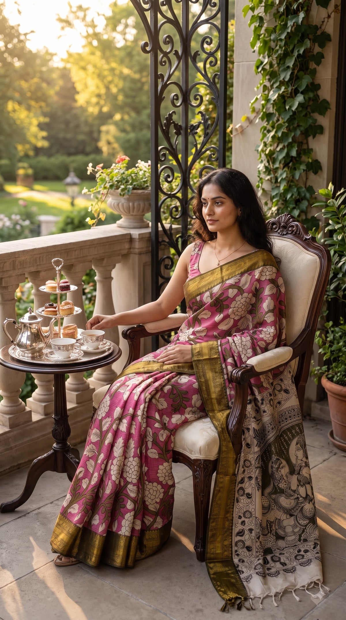 Kanchi Border Kalamkari Silk Saree - Pink with Green