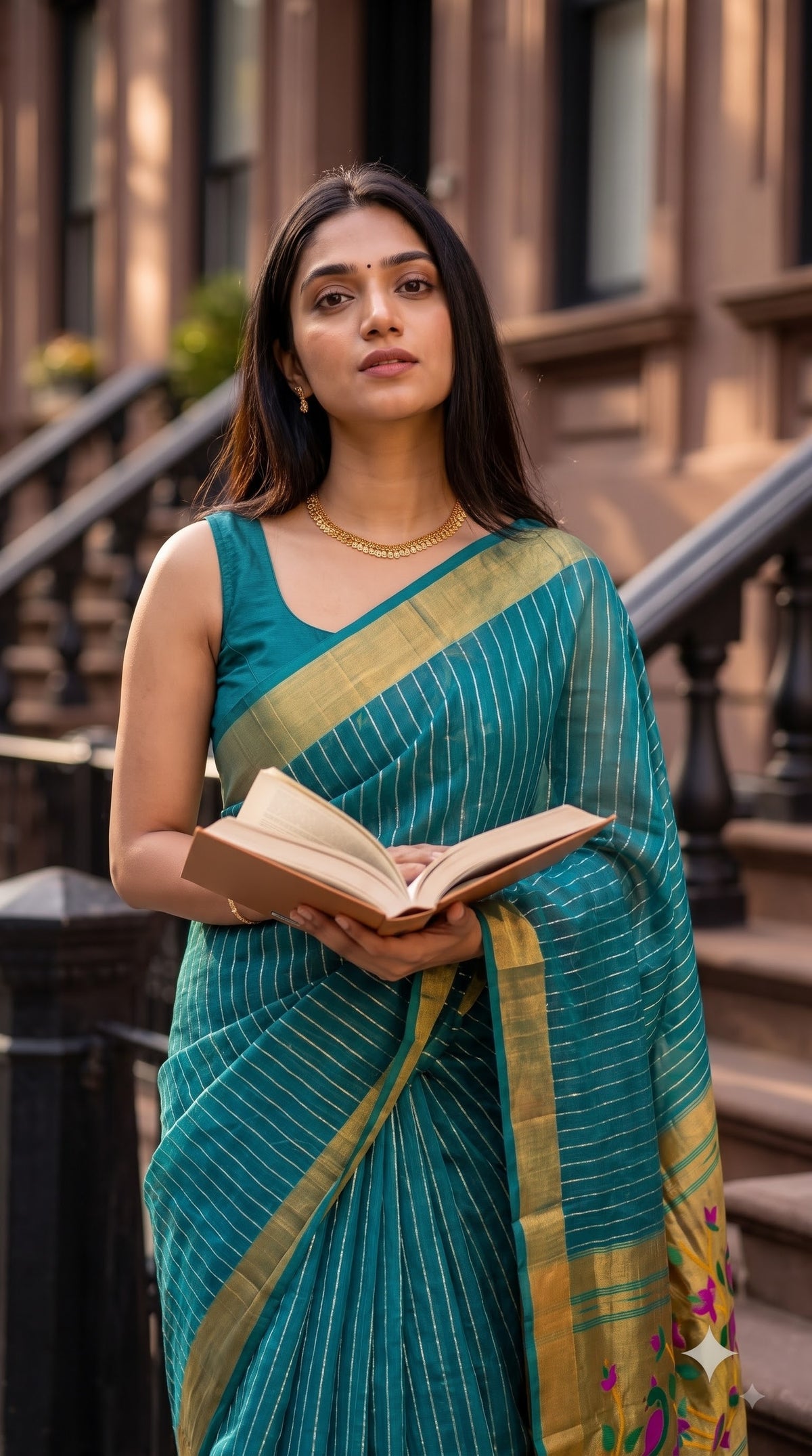 Organza Saree with Paithani Pallu - Rama Green