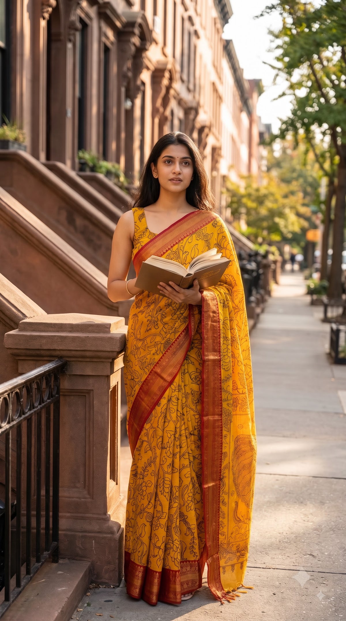 Kanchi Border Kalamkari Silk Saree - Yellow with Red