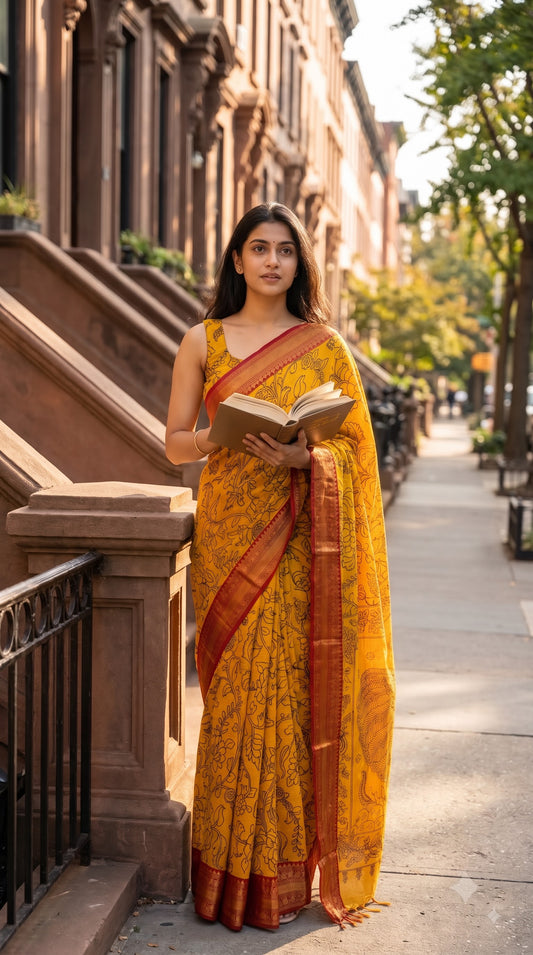 Kanchi Border Kalamkari Silk Saree - Yellow with Red