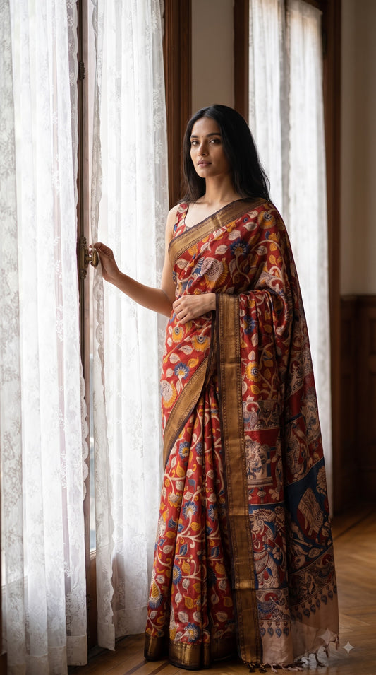 Printed Kalamkari Silk Saree with Border - Red & Black