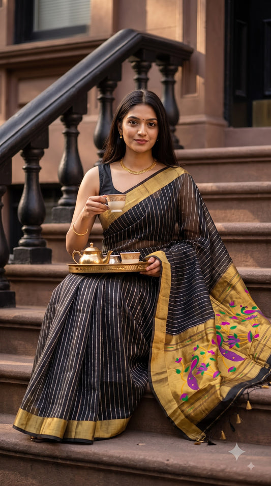 Organza Saree with Paithani Pallu - Black