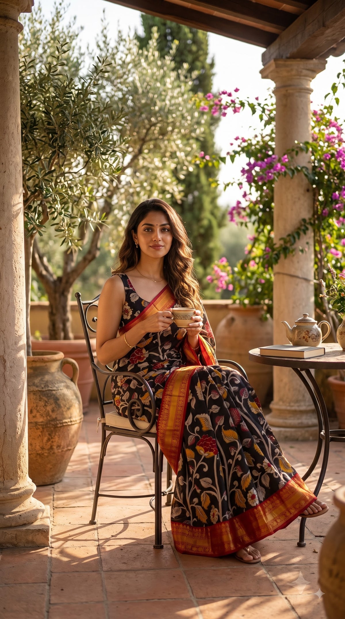 Kanchi Border Kalamkari Silk Saree - Black with Red