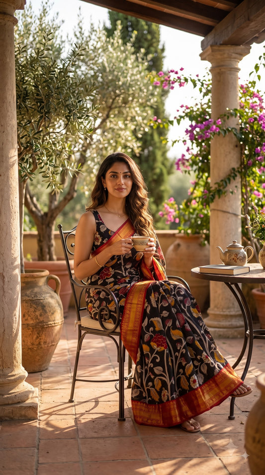 Kanchi Border Kalamkari Silk Saree - Black with Red
