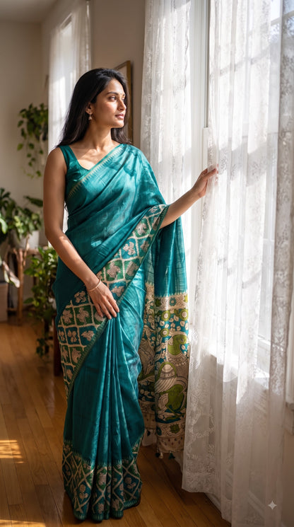 Plain Silk Saree with Kalamkari Gap Border - Rama Green