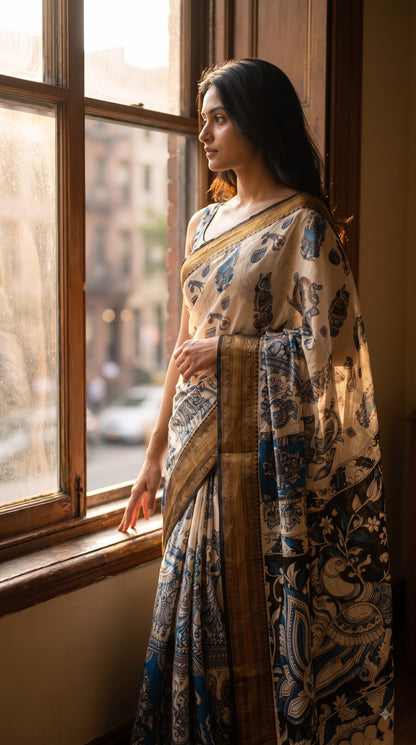 Kanchi Border Kalamkari Silk Saree - Beige with Blue