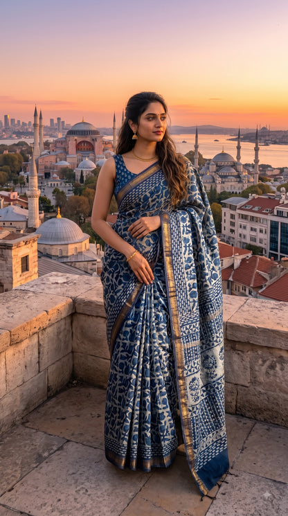 Maheshwari Silk Saree with Handblock Print - Indigo