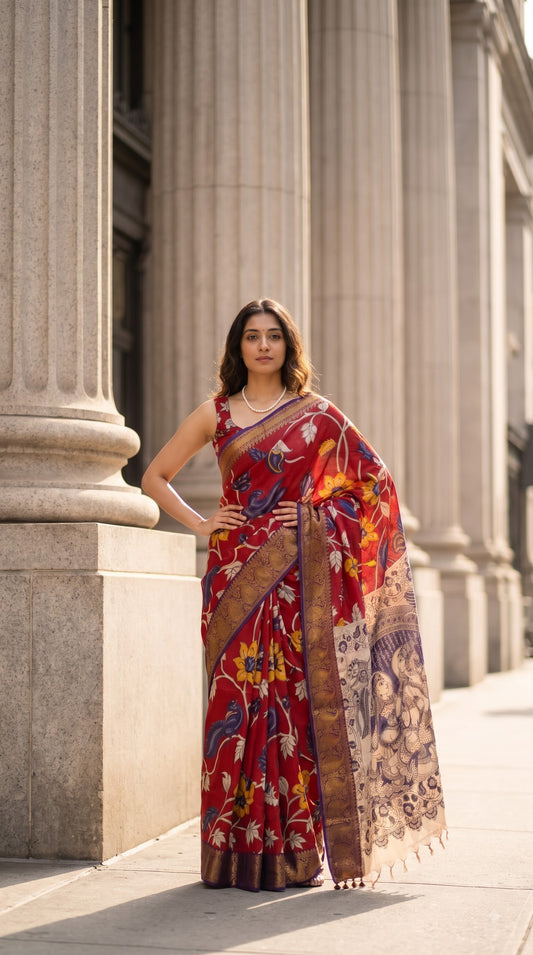 Kanchi Border Kalamkari Silk Saree - Red with Purple