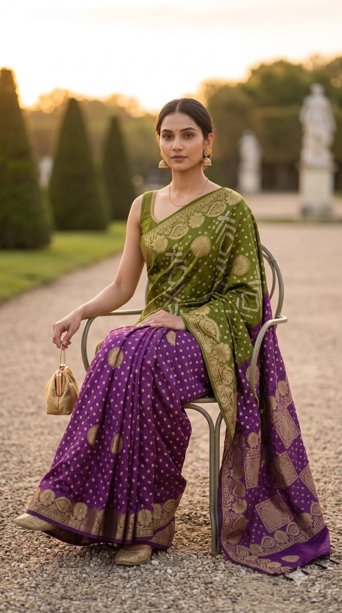 Art Silk with Bandhani - Green & Magenta