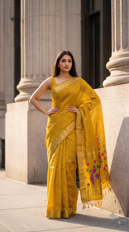 Organza Saree with Paithani Pallu - Yellow Gold
