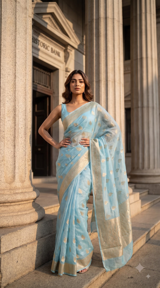 Georgette Saree with Banarsi Border-Sky Blue