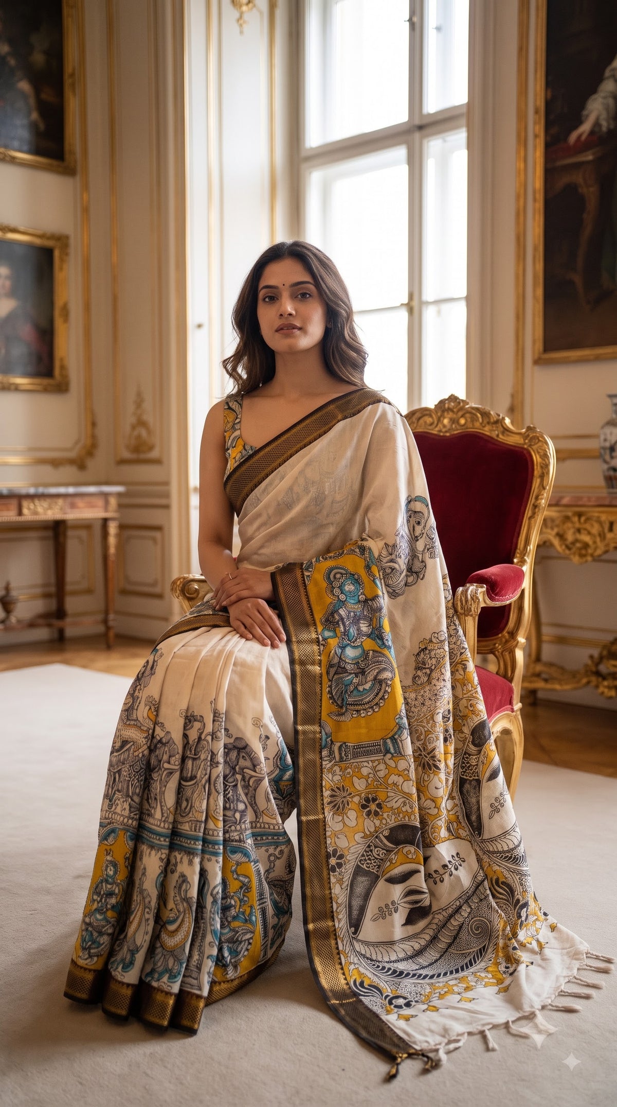 Figure Motif Kalamkari Silk Saree - Beige with Yellow