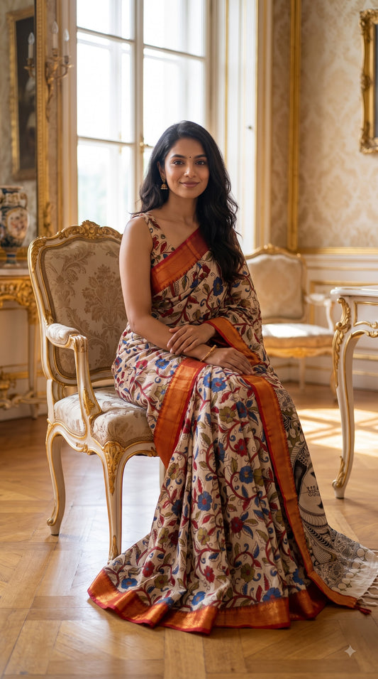 Kalamkari Printed Silk Saree with Border - Beige with Red