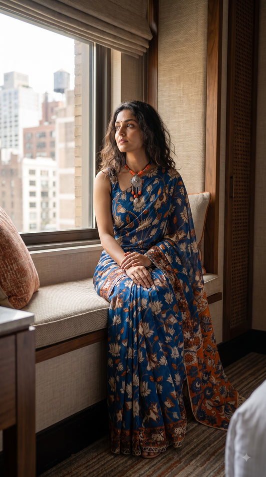 Kalamkari Printed Silk Saree - Blue with Orange
