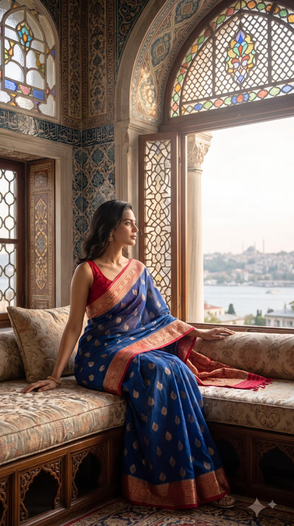Georgette Banarasi with Contrast Border-Blue