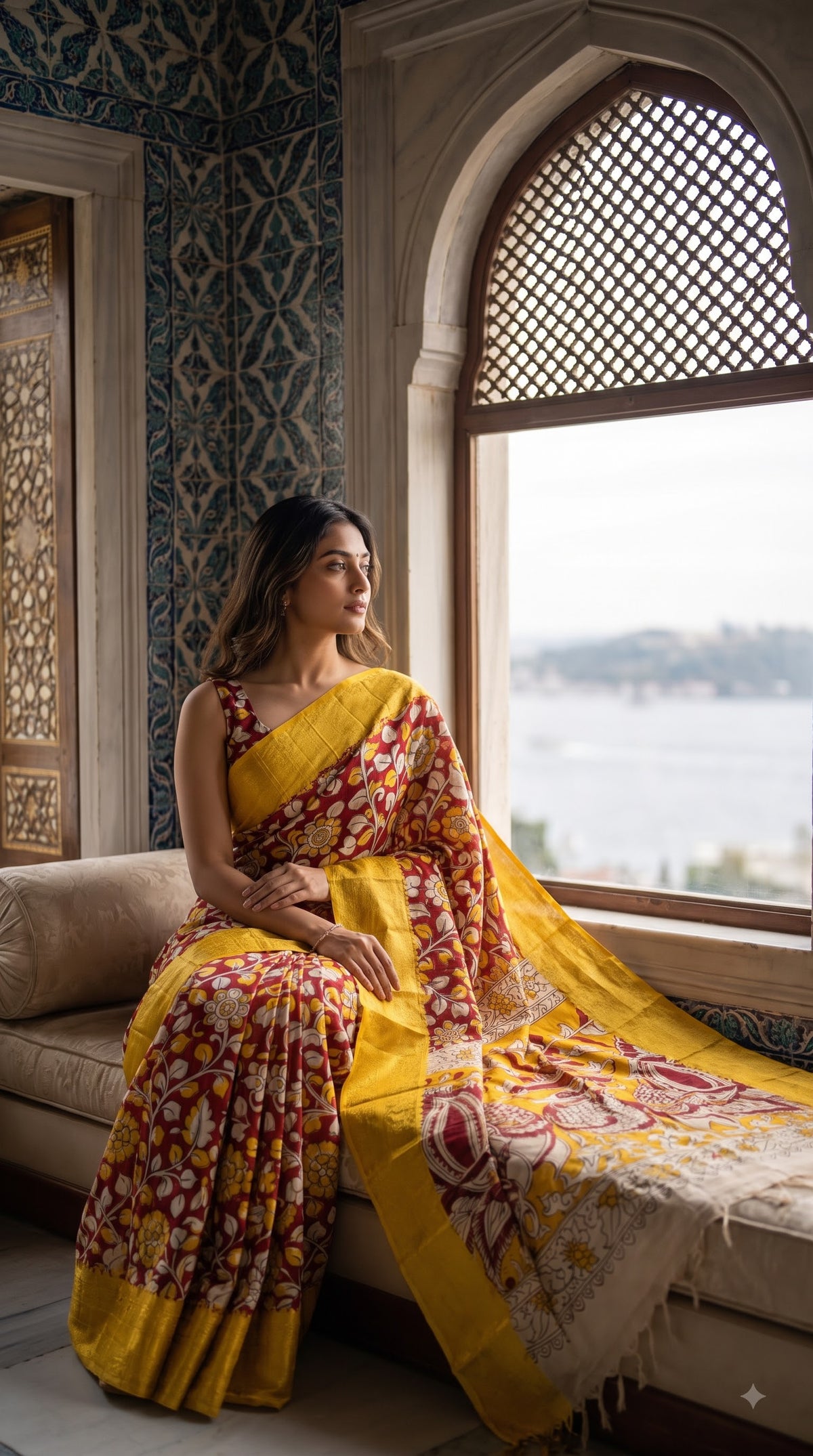 Kanchi Border Kalamkari Silk Saree - Red with Yellow