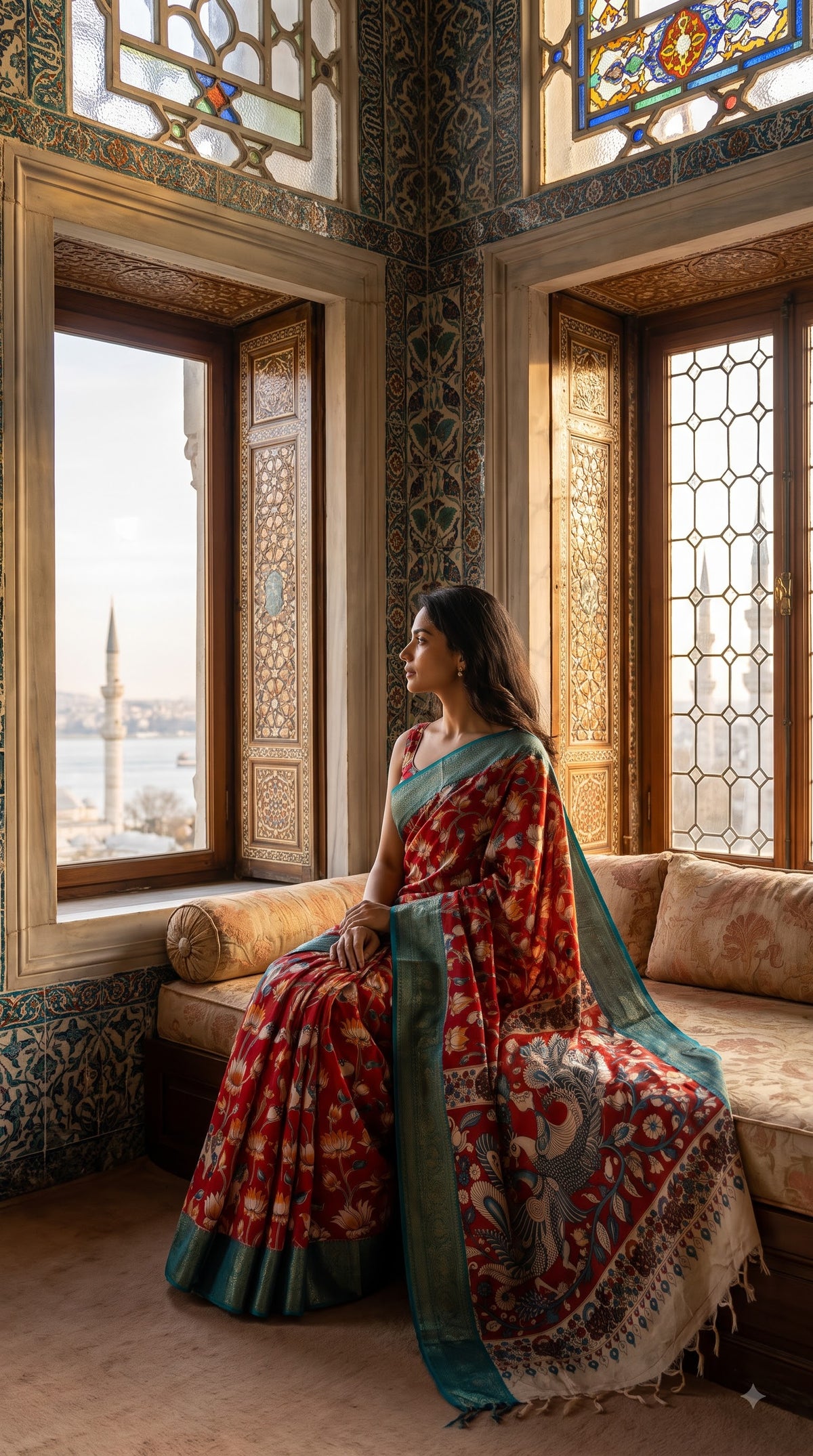 Kanchi Border Kalamkari Silk Saree - Red with Teal