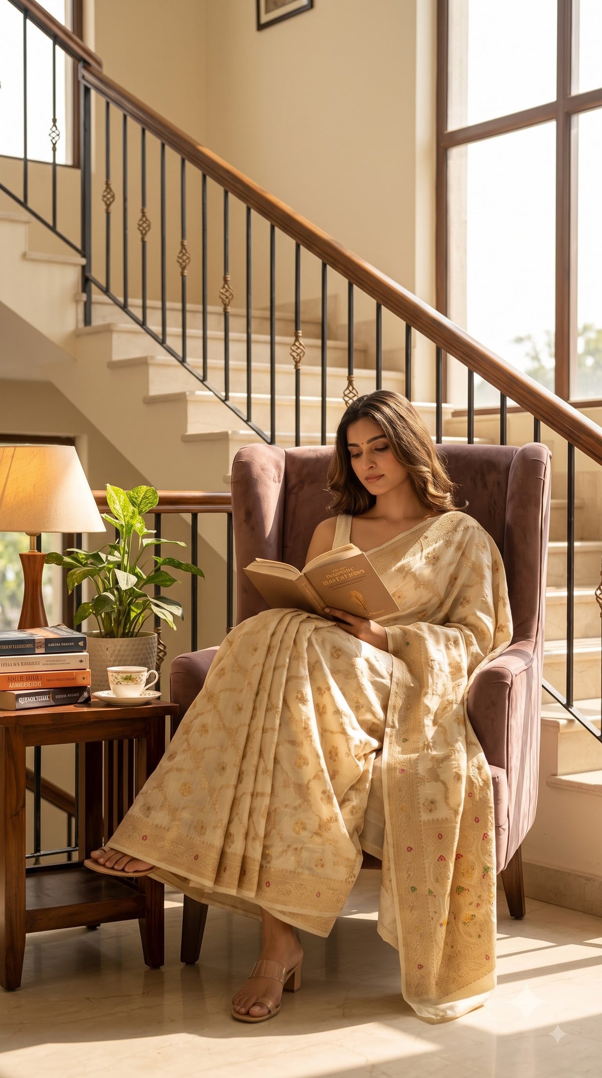 Banarasi Silk Saree with Meenakari Jaal Design-Cream