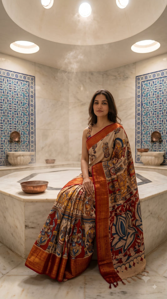 Kanchi Border Kalamkari Silk Saree - Beige with Red