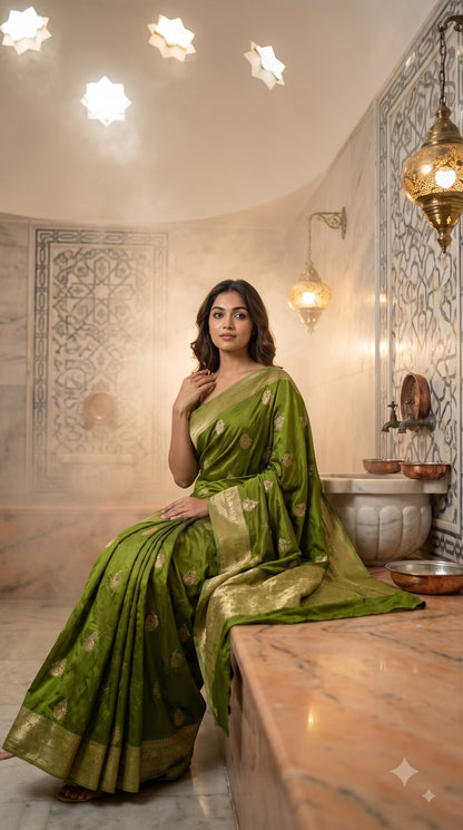 Banarasi Silk Saree-Mehndi Green with Pista Green Border