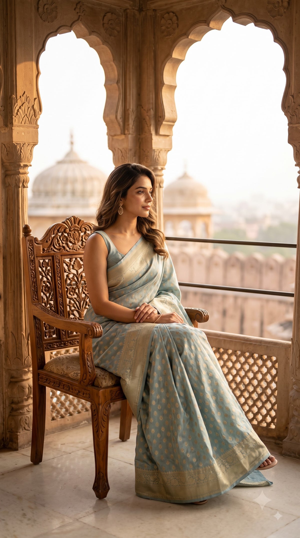 Crepe Banarasi Saree with Butta-Sky Blue