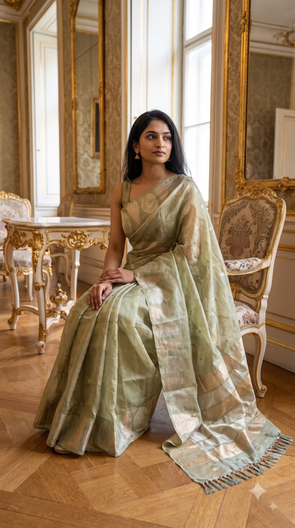 Tissue Silk Saree with Temple Border - Pista Green