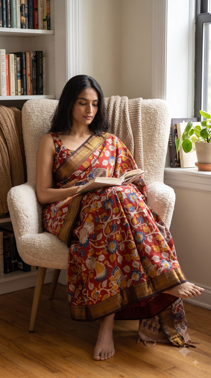 Printed Kalamkari Silk Saree with Border - Red & Black