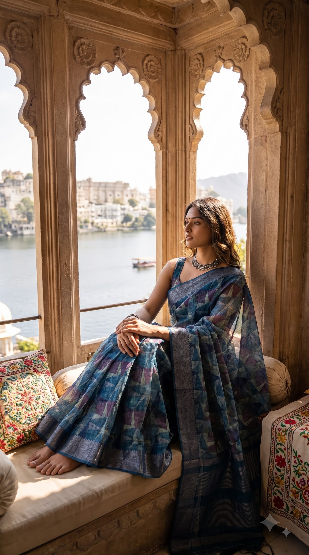 Organza Saree with Abstract Print - Blue